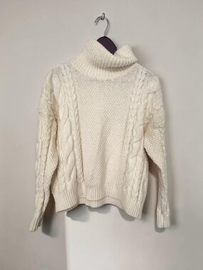 Madewell Cable Turtleneck Fisherman Sweater Cream Funnel Pullover Cozy - Small